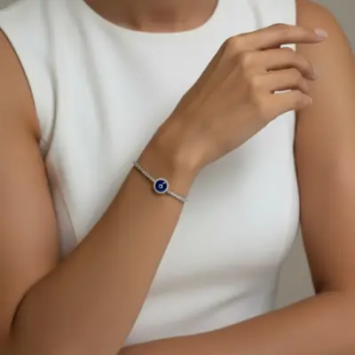 Pulseira Énergie Olho Grego com Diamantes em Ouro Branco 18k - Aplicada