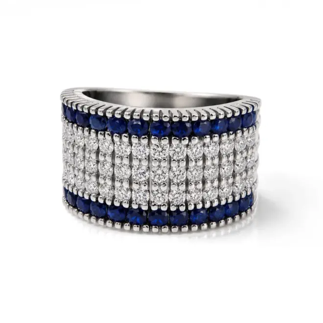 Anel Blu Mare Large em Ouro Branco 18k com Safiras e Diamantes