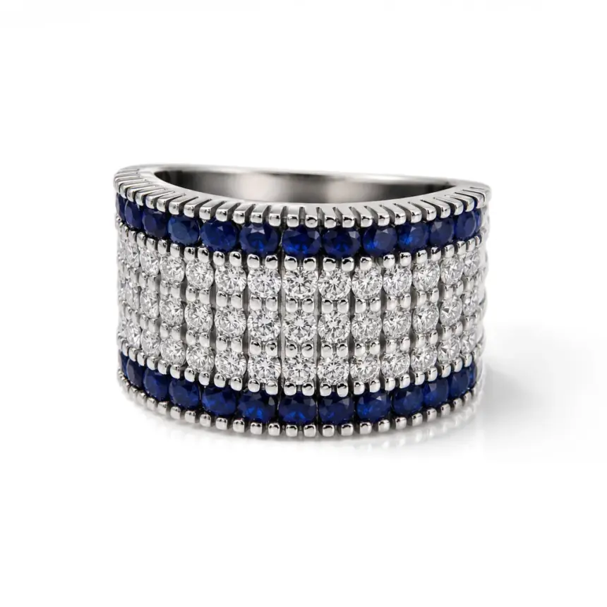 Anel Blu Mare Large em Ouro Branco 18k com Safiras e Diamantes