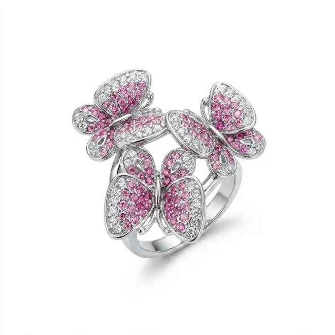 Anel Papillon Rosé em Ouro Branco 18k com Safiras Rosas e Diamantes