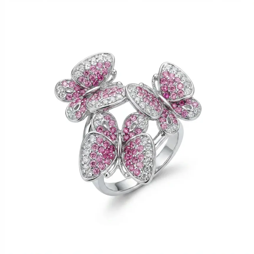 Anel Papillon Rosé em Ouro Branco 18k com Safiras Rosas e Diamantes