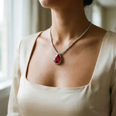 Colar Goutte Rouge em Ouro Branco 18k com Rubi, Diamantes e Riviera - Aplicada