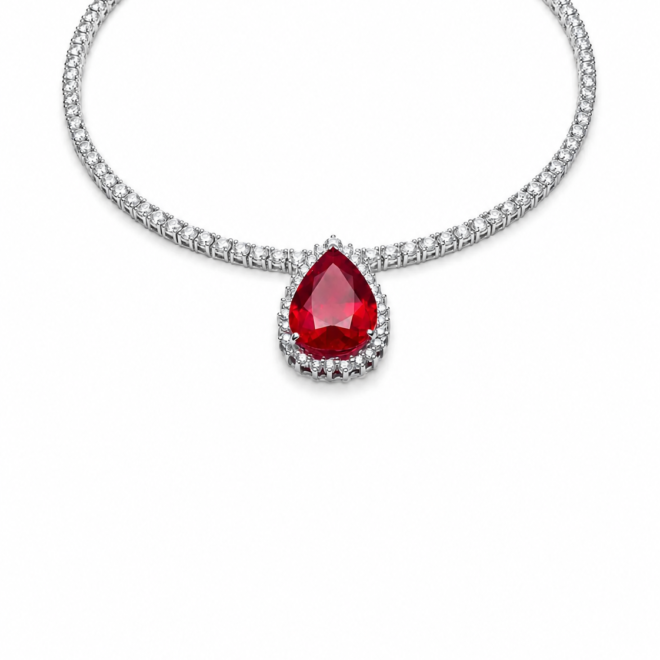Colar Goutte Rouge em Ouro Branco 18k com Rubi, Diamantes e Riviera