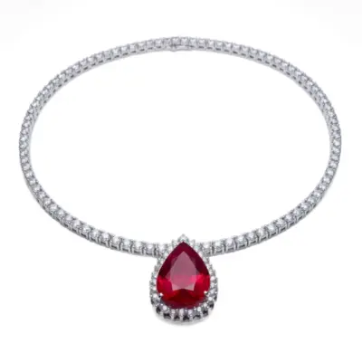 Colar Goutte Rouge em Ouro Branco 18k com Rubi, Diamantes e Riviera