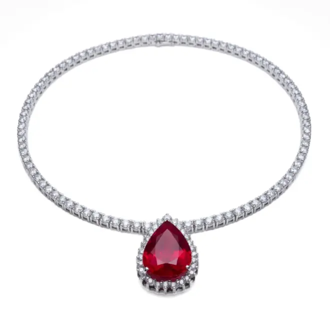 Colar Goutte Rouge em Ouro Branco 18k com Rubi, Diamantes e Riviera