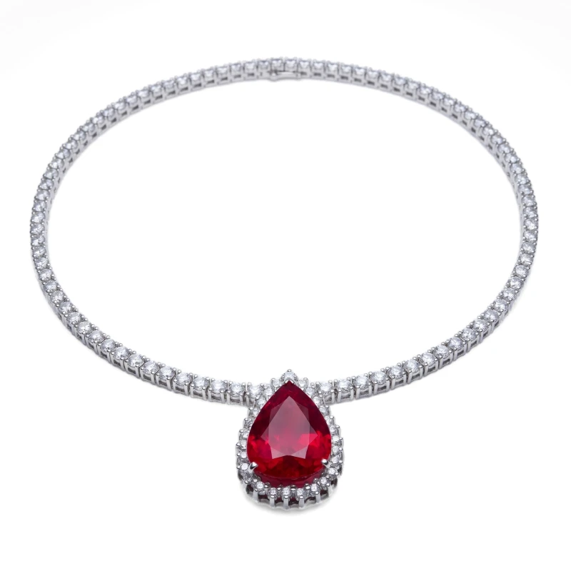 Colar Goutte Rouge em Ouro Branco 18k com Rubi, Diamantes e Riviera
